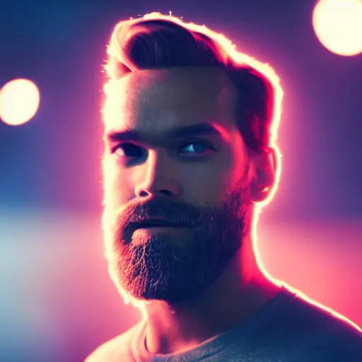 Image similar to Portrait of PewDiePie, splash art, movie still, cinematic lighting, dramatic, octane render, long lens, shallow depth of field, bokeh, anamorphic lens flare, 8k, hyper detailed, 35mm film grain