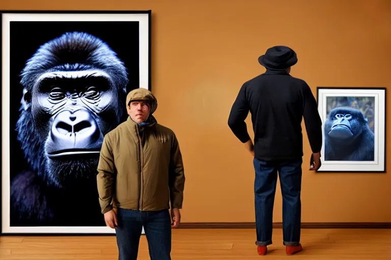 Image similar to Gorilla standing beside a framed illustration of a vividly colored portrait of a man wearing a turtleneck and an admiral’s hat, hyperrealistic, concept art, 8k, artstation, cinematic, volumetric lighting