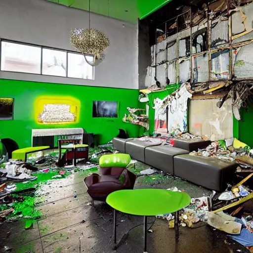 Prompt: dayglo green, taco bell opulent by nacho carbonell. a body art of a room that is wrecked, furniture overturned, belongings strewn about, & debris everywhere. the only thing left intact is a photograph on the wall shows a tidy, well - appointed space, with everything in its place.