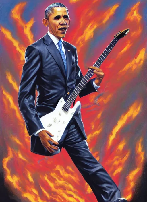 Image similar to Barack Obama shredding on an electric guitar in the style of Jason Edmiston