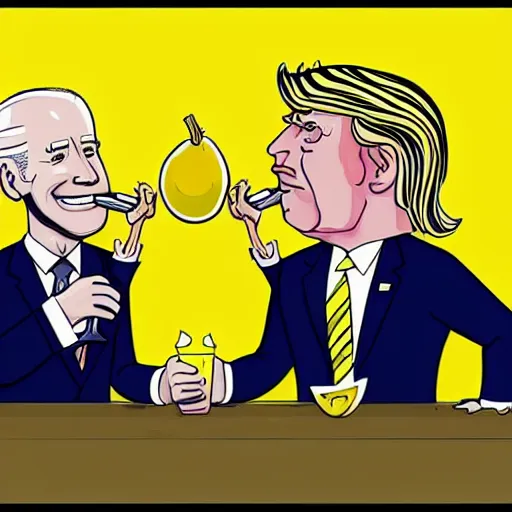 Image similar to cartoon drawing of Biden and Trump together drinking a lemon drink with Rio de Janeiro mountains on the background