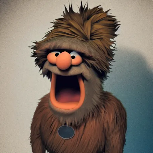 Image similar to a still of a forgotten muppet character looking very manly and modern, hilarious, laughing, hairy chest, huge chin, manly monster tough guy, roughled fur, photo real, photographic, photograph, artstation, trending, featured