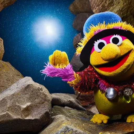 Image similar to an artificer dwarf muppet character with an obsession for gold and gems who loves to sleep on rocky terrain, sesame street, photograph, photography, ultrarealistic, national geographic