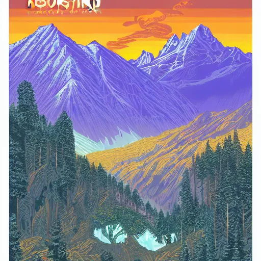 Prompt: Mountains and forests by Dan Mumford