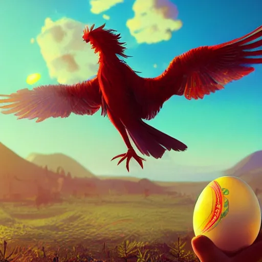 Image similar to optimism, the solarpunk phoenix, red bird, ornate egg, regeneration, landscape, epic composition, volumetric light, bokeh, painting by ilya kuvshinov and by makoto shinkai