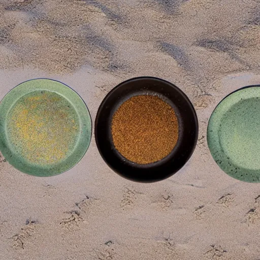 Image similar to three woks, each with the approximate dimensions of 50cm long and 30 cm wide, placed on a sandy beach, with ocean in the background, photorealistic, 8k