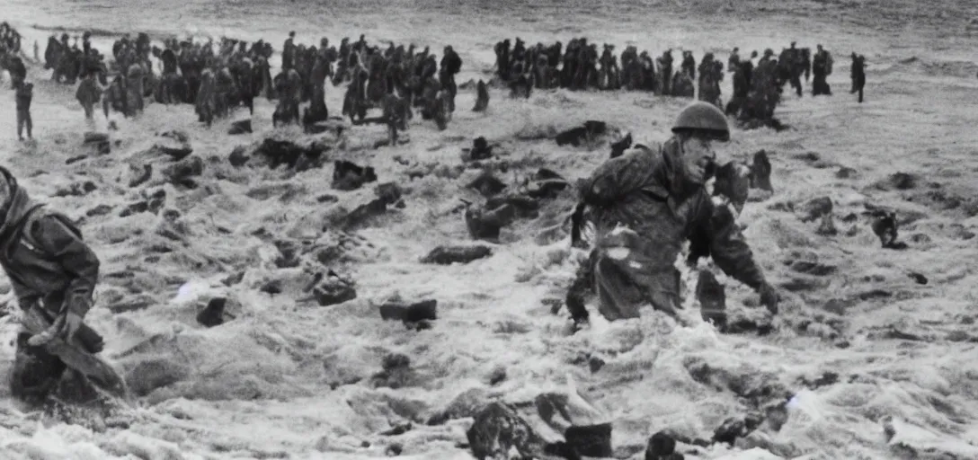 Image similar to the pope storming omaha beach during ww ii