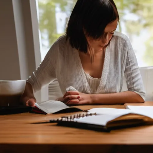 Image similar to my lovely woman working at the table with a notebook, a morning coffee on her side