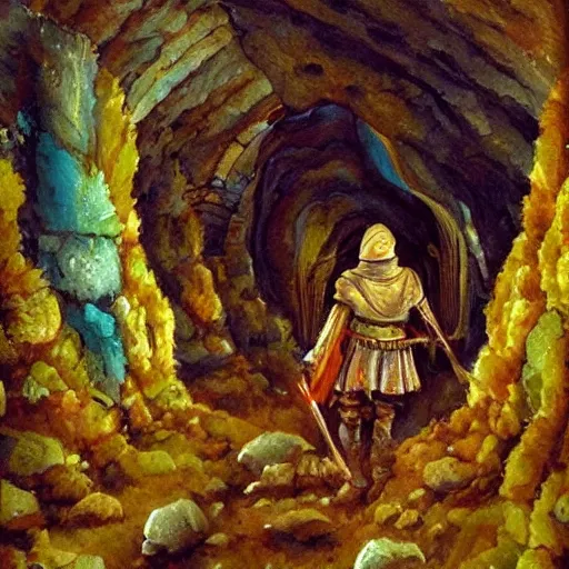 Prompt: a medieval pilgrimage walking among giant colorful crystals in a gigantic cavern deep underground, dark, fantasy, realistic painting