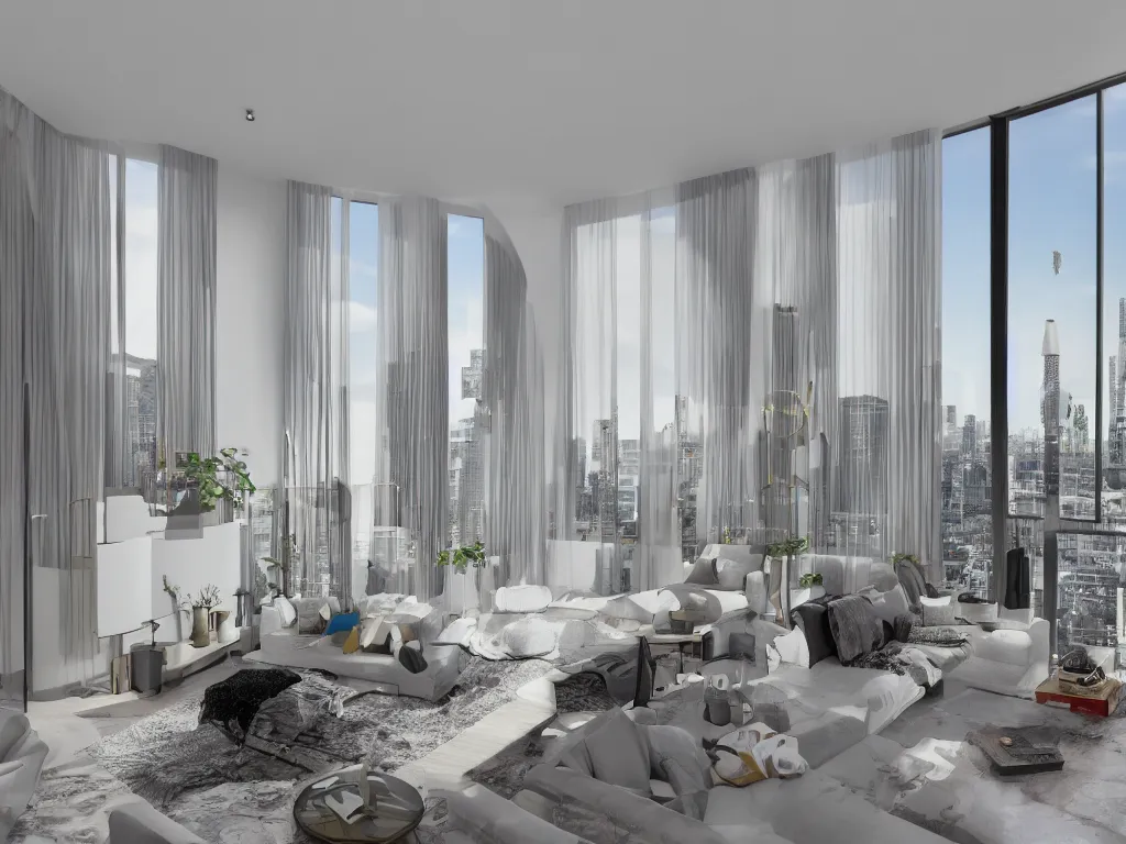 Image similar to a Photorealistic hyperrealistic interior render of a bright beautifully decorated modern duplex apartment overlooking a megapolis,Nikon Z7, ISO 64,Nikkor 20mm f1.8 lens,aperture f/9,exposure 1/40secs