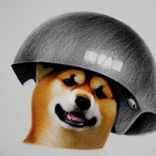 Image similar to A drawing of a Shiba Inu dog wearing a soldier's helmet, realistic, color