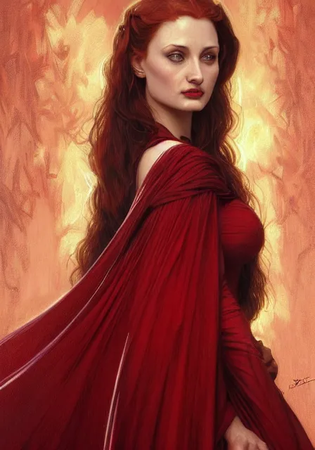 Prompt: sansa angeline jolie gessica chastain in red, intricate, elegant, highly detailed, digital painting, artstation, concept art, smooth, sharp focus, illustration, art by artgerm and greg rutkowski and alphonse mucha and william - adolphe bouguereau