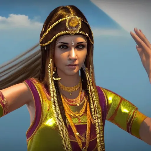 Image similar to a beautiful indian athletic slim female has a halo floating over her head like she was a holy person, the halo was made by a jeweler with gold with intricate details, unreal engine 5