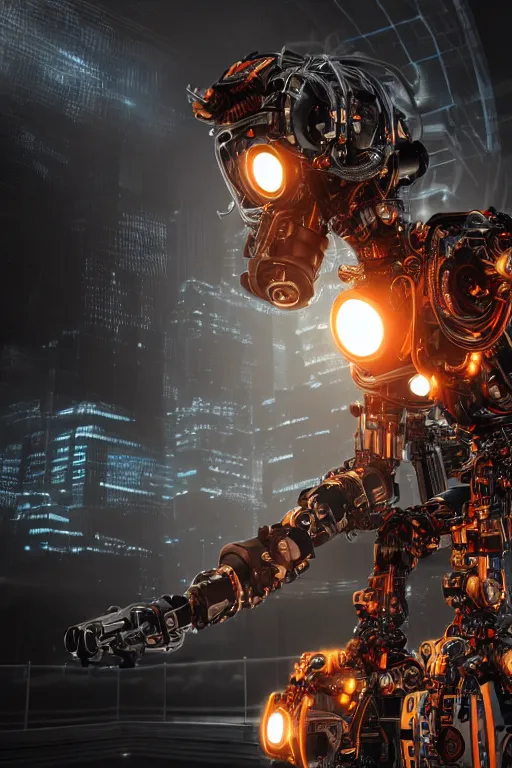 Prompt: portrait extremely hyper detailed robot lots of cables and lights and connections, highly detailed perfect render, realism. concept art. unreal engine 5, aperture 1. 8, v - ray, ultra hd, 8 k, atmospheric beautiful background and beautiful lighting. iron forge background lots of sparks and fire. god rays, volumetric lighting. hyper realism. wallpaper