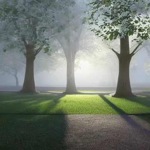 Image similar to still shot of a park covered in morning fog, highly detailed, photorealistic portrait, bright studio setting, studio lighting, crisp quality and light reflections, unreal engine 5 quality render