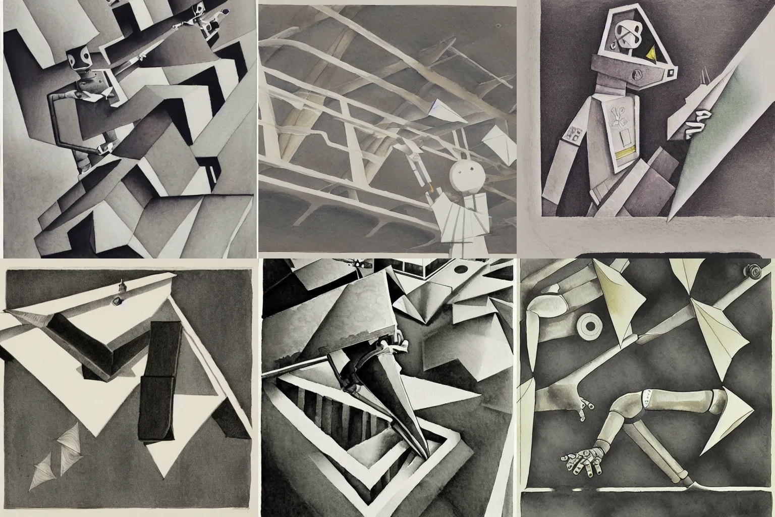 Prompt: unable to continue onwards the robot instead threw paper airplanes, watercolor, lithograph, M.C. Escher