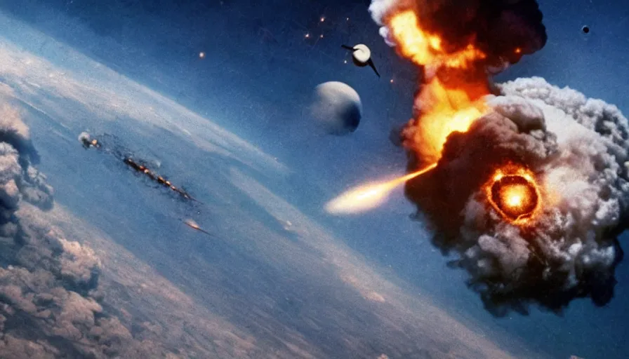 Image similar to big budget movie about a world war 2 atom bomb battle in space