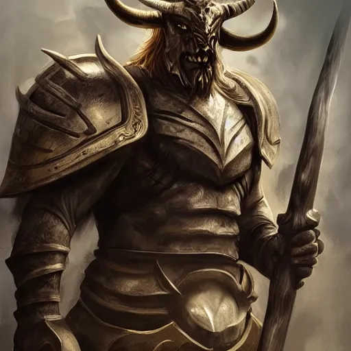 Image similar to Giant minotaur humanoid beast warrior with two handed axe, horned helmet, concept art, heavy white and golden armor, giant horns, portrait, dungeons and dragons, hyperrealism, high details, digital painting, dark fantasy