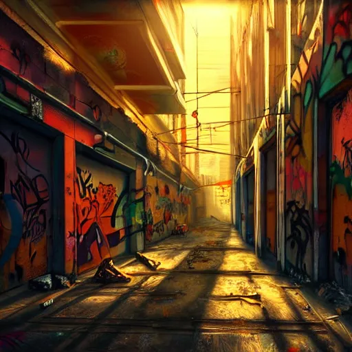 Prompt: graffiti on a wall in a run down building, happy mood, cyberpunk, high detail, golden light, realistic