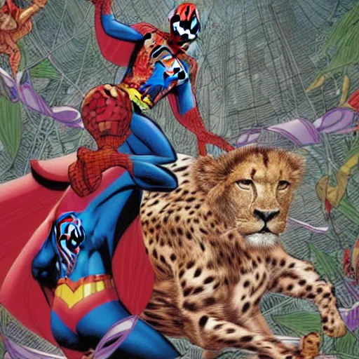 Prompt: Spiderman and superman are riding on cheetah and a lion running through the forest and surrounded by colorful ribbons and party confetti , concept art, huge scale, high detail, sci fi by James Jean