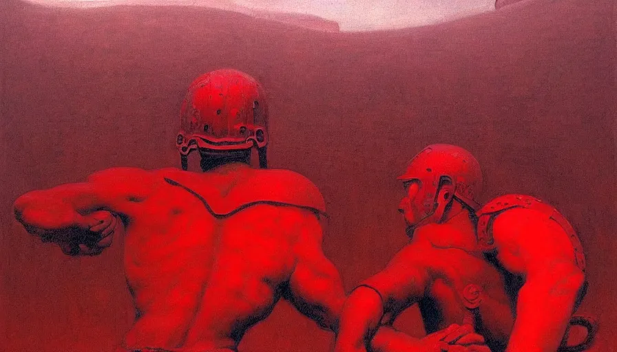 Image similar to only with red, a red gladiator in a crowded roman amphitheatre, crowd cheers him, in the style of beksinski, parts by edward hopper, parts by rodcenko, parts by yue minjun, intricate and epic composition, red by caravaggio, insane quality, highly detailed, masterpiece, red light, artstation