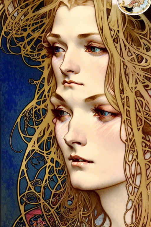 Prompt: realistic detailed face portrait of Veronica Lake by Alphonse Mucha, Ayami Kojima, Yoshitaka Amano, Charlie Bowater, Karol Bak, Greg Hildebrandt, Jean Delville, and Mark Brooks, Art Nouveau, Pre-Raphaelite, Neo-Gothic, gothic, Art Nouveau, intricate fine details, exquisite, rich deep moody colors, beautiful detailed background