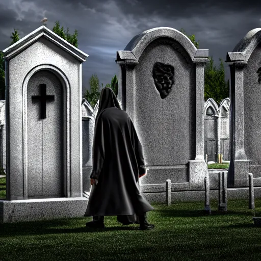 Prompt: the grim reaper wandering through a graveyard, highly detailed, extremely high quality, hd, 4 k, 8 k, professional photographer, 4 0 mp, lifelike, top - rated, award winning, realistic, detailed lighting, detailed shadows, sharp, no blur, edited, corrected, trending