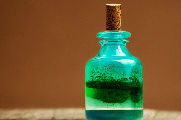 Prompt: small potion with a cork top filled with a green and turquoise gradient liquid, on a desk, old film photo