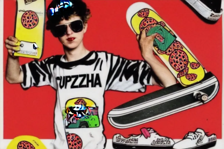 Image similar to 80s, skateboard, supremepizza, advertisement