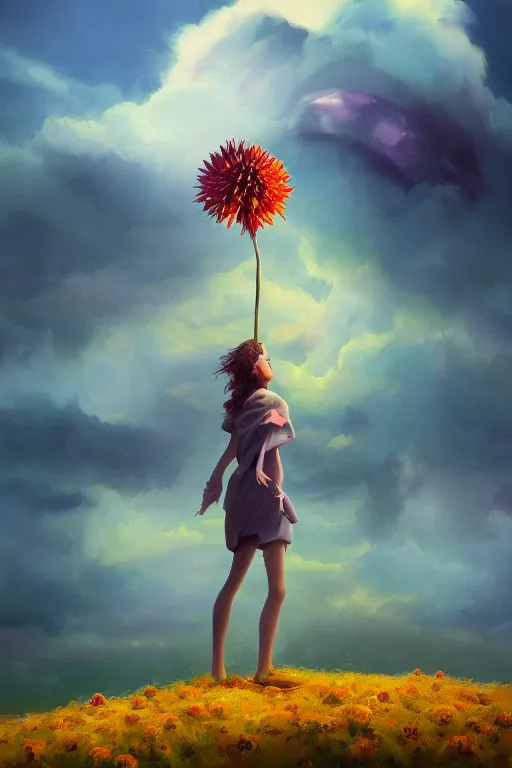 Image similar to closeup girl with giant dahlia flower as head, standing on mountain, surreal photography, blue storm clouds, dramatic light, impressionist painting, digital painting, artstation, simon stalenhag