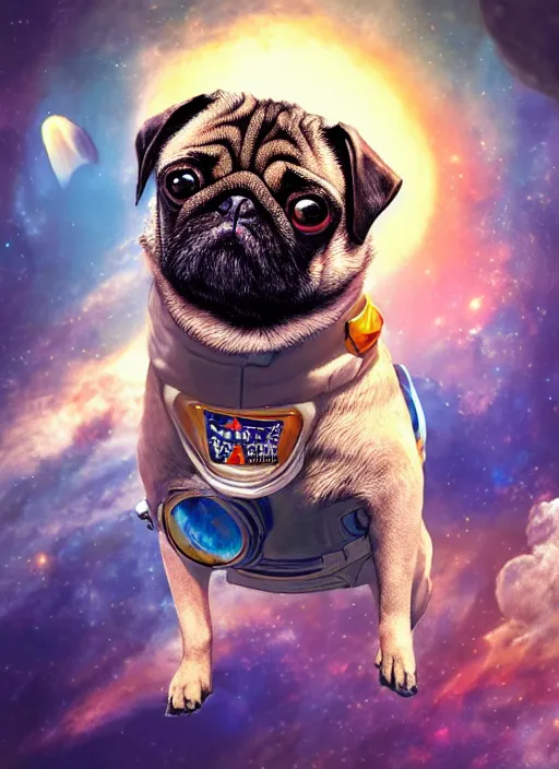 Prompt: An epic fantasy comic book style portrait painting of a pug astronaut in space, unreal 5, DAZ, hyperrealistic, octane render, cosplay, RPG portrait, dynamic lighting