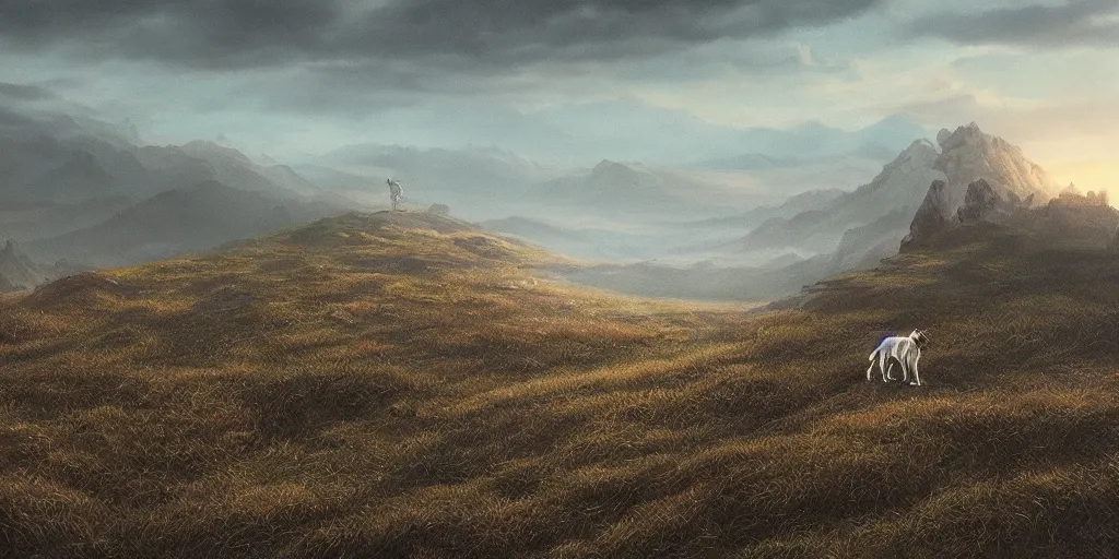 Image similar to breathtaking detailed concept art painting of a lone dog on the top of a hill. in the distance there is a small town, by hsiao - ron cheng, extremely moody lighting, 8 k