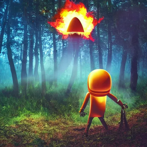 Prompt: extraterrestrial in the forest with his spaceship on fire