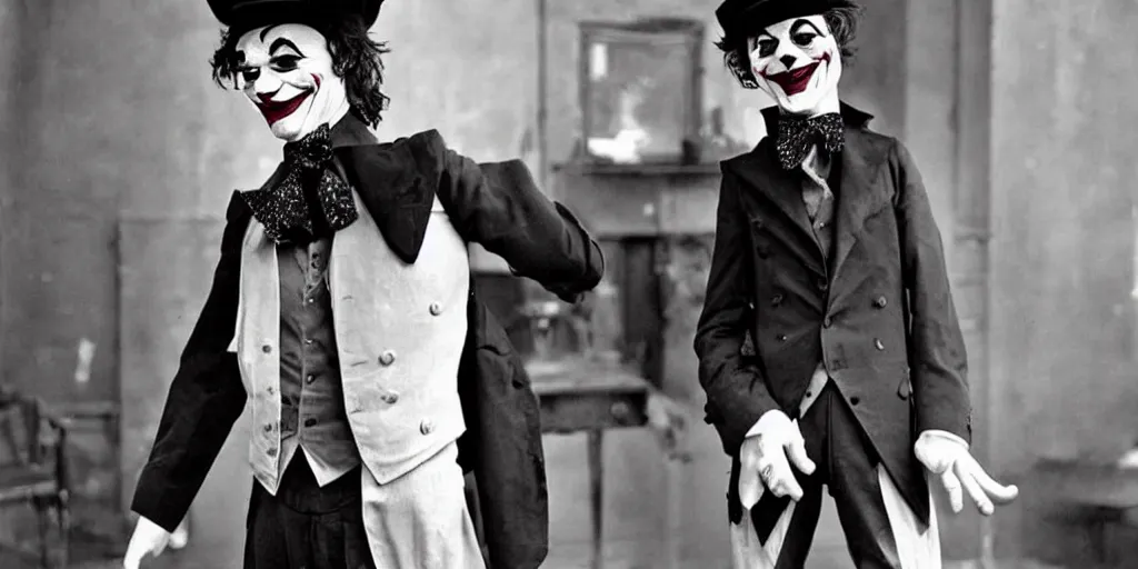 Image similar to joker wearing clothes in the style of directoire style, photograph, grinning, creepy,