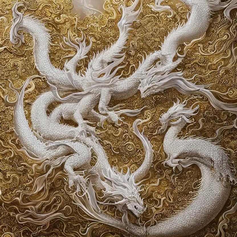 Prompt: amazing exquisite matte painting, close - up portrait of a chinese white dragon, sacred, shimmer, exquisite detail, huge details, gold detailed line work, by xision and yukii morita,, james jean, trending on artstation