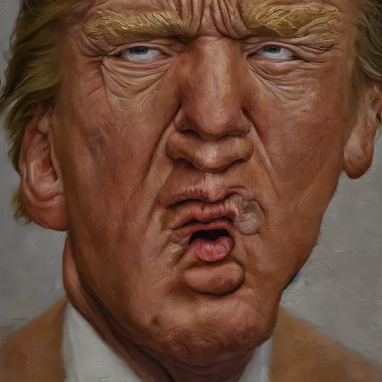 Prompt: hyperrealistic close up studio portrait of aging old Donald Trump age 98 wrinkled miserable, oil painting by Ivan Albright and Lucian Freud and Ron Mueck, trending on artstation Studio lighting hyperrealism
