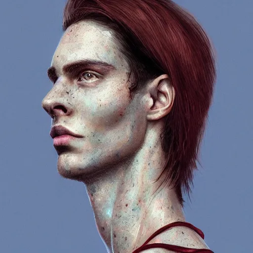 Image similar to portrait of a thin young man with long red hair, ponytail, a lot of freckles on his face, intricate, elegant, glowing lights, highly detailed, digital painting, artstation, concept art, smooth, sharp focus, illustration