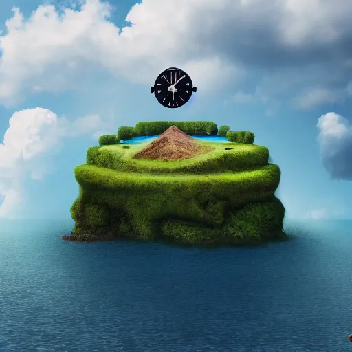 Image similar to a clock floating on an floating island, there are clouds around, it is on earth, on the background there are other floating islands too, floating at the ozone layer, cartoony, 4 k resolution, award winning