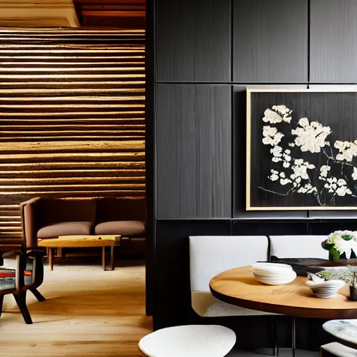 Image similar to lounge and dining room, stone, interior design, stylish luxury hotel living room design, yakisugi, black vertical slatted timber, textures, feminine, black walls, art, Japanese pottery vase with flowers, kakejiku, seasonal, Japanese influences