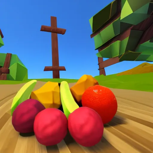 Prompt: vr game, first person, axe equipped, variety of fruits on the background, low poly