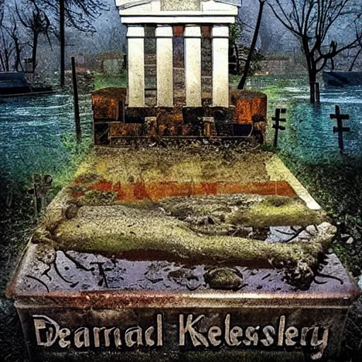 Image similar to dreadful, composed by ferdinand keller, by ron garney bauhaus, glitch art. the experimental art shows a grave that has been flooded with water. the grave is located in a cemetery in italy. the water in the grave is dirty & there is trash floating in it. the grave is surrounded by a fence.