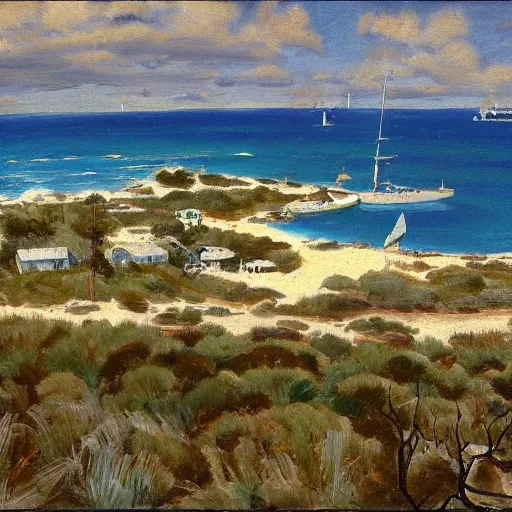 Prompt: Rottnest Island painted in the style of Frederick McCubbin, 16:9