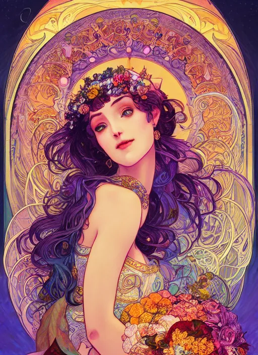 Image similar to Goddess of the Moon, ambient lighting, 4k, josephine wall, alphonse mucha, lois van baarle, ilya kuvshinov, rossdraws, artstation