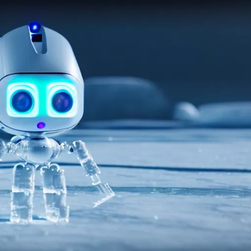 Image similar to a cute little robot is made of ice. super realistic 8 k render of a elegant, cinematic composition