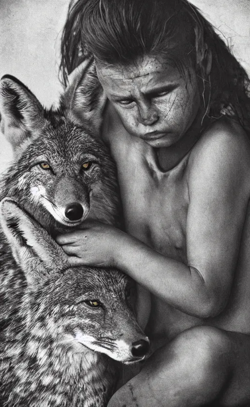 Image similar to Award winning Editorial photo of a Iroquois Native petting a wild coyote by Edward Sherriff Curtis and Lee Jeffries, 85mm ND 5, perfect lighting, gelatin silver process