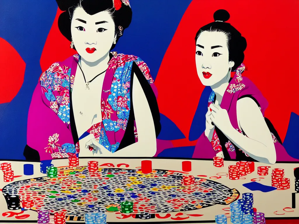 Image similar to hyperrealism composition of the detailed woman in a japanese kimono sitting at a poker table with predaror, fireworks on the background, pop - art style, jacky tsai style, andy warhol style, acrylic on canvas