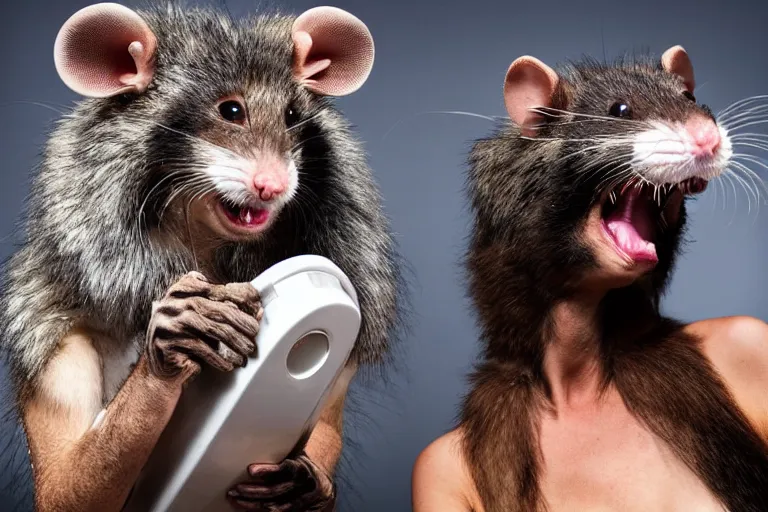 Image similar to photo, furry antropomorphic rat - woman with human face eats thick internet cable! highly detailed, intricate details