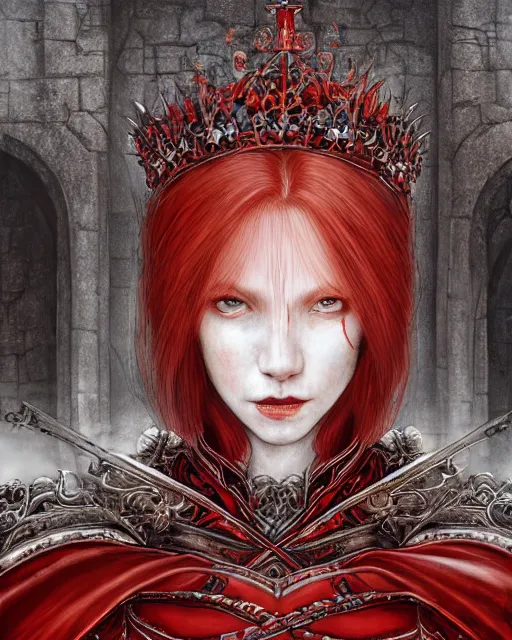 Image similar to redhead queen in heavy red armor, inside an epic gothic castle, baroque, large crown, face with scars, mad grin, intimidating, ominous, high fantasy, intricate detail, digital painting, artstation, concept art, smooth, sharp focus, illustration, art by yoshitaka amano and monia merlo and wlop