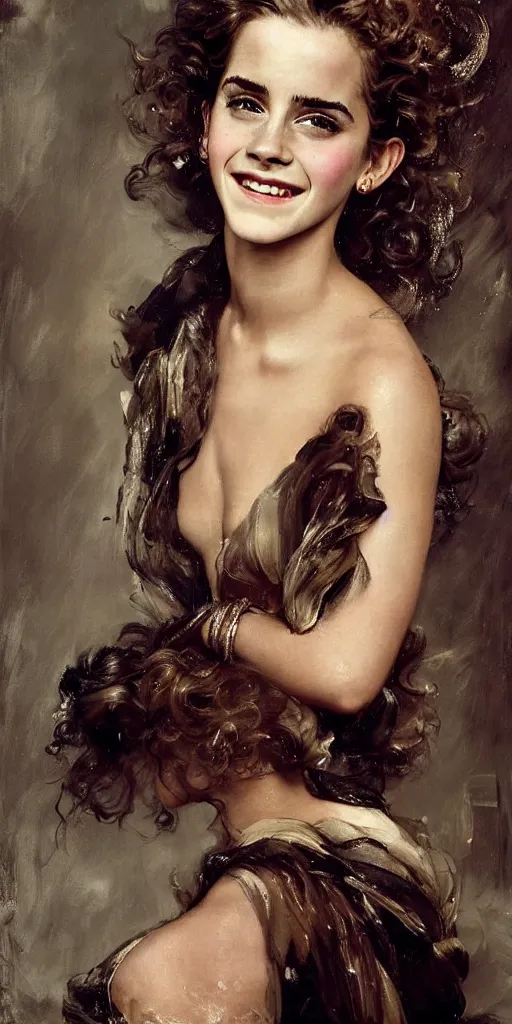 Image similar to emma watson smiling smiling smiling detailed portrait curly updo wet hair painting by gaston bussiere craig mullins j. c. leyendecker photograph by richard avedon peter lindbergh annie leibovitz