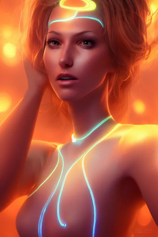 Prompt: render of a beautiful female mage wearing a luminescent bodysuit in a Tron environment, reflections, focus, detailed, realistic eyes, symmetric body features proportions, golden ratio face, intricate facial skin details, award winning, trending in cgsociety artstation deviant art, octane render, boris Vallejo and Tom Bagshaw